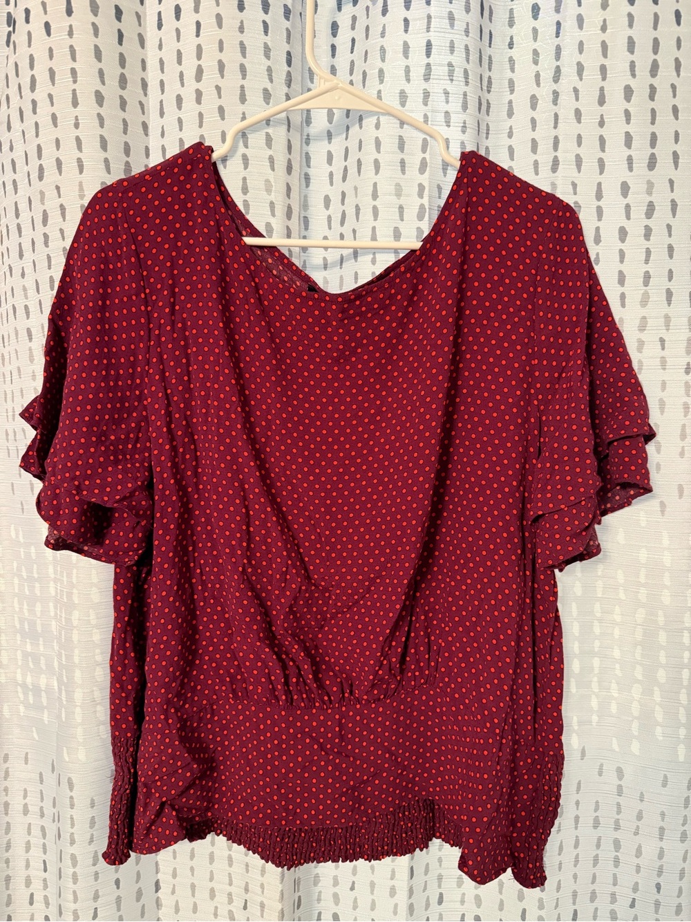 Ann Taylor Burgundy Poke A Dot Ruffled Sleeve Blouse